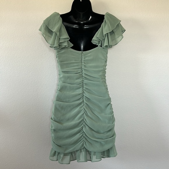 Zara Ruffled Ruched Flutter Off the Shoulder Mini Dress in Sage Light Green - Picture 10 of 15